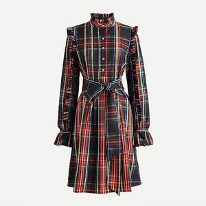 NWT J.Crew belted ruffle dress Stewart Black Tartan XS Plaid Holiday Christmas